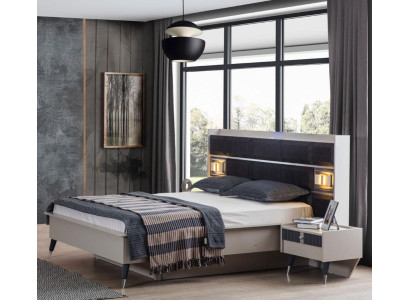 Conjunto de dormitorio gris y blanco con cama doble, 2 mesitas de noche, set de 3 piezas.