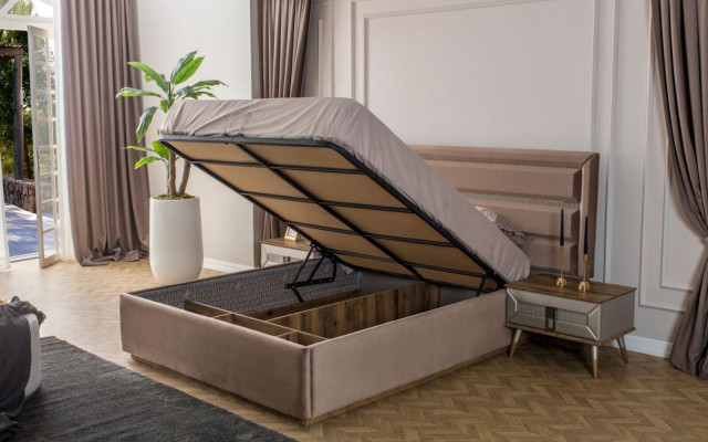 Juego de cama marrón Exclusiva cama doble 2 mesitas de noche de madera de 3 piezas