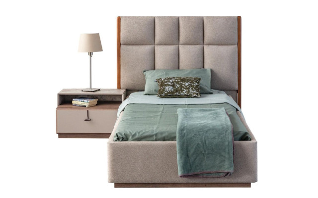 Conjunto de habitación de niños en beige, cama individual de diseñador de madera, mesita de noche de 2 piezas.