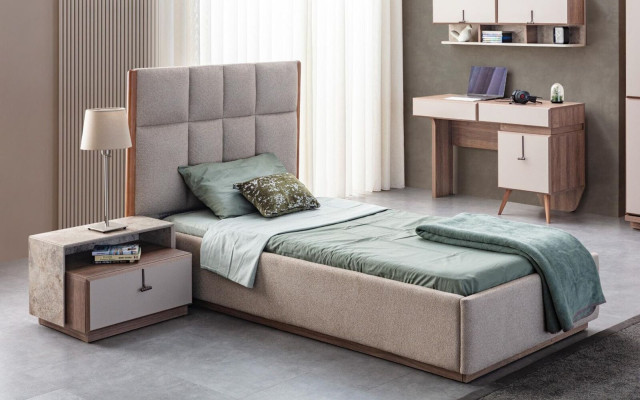 Conjunto de habitación de niños en beige, cama individual de diseñador de madera, mesita de noche de 2 piezas.