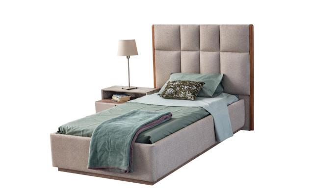 Conjunto de habitación de niños en beige, cama individual de diseñador de madera, mesita de noche de 2 piezas.