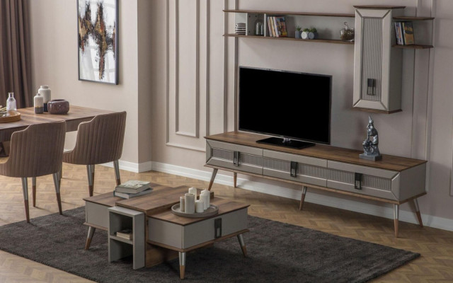 Muebles modernos para la sala de estar en marrón: Aparador resistente y estantería de diseñador de 2 piezas.