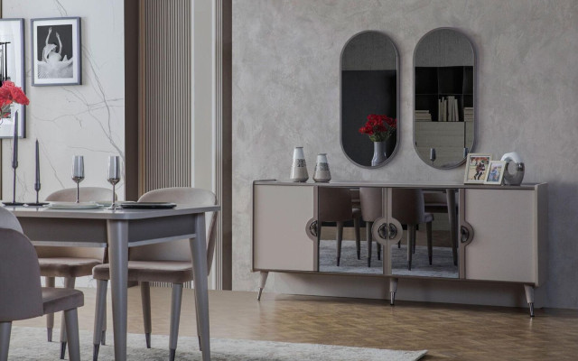 Muebles grises Conjunto de diseño Aparador de 4 puertas exclusivo Espejo de 3 piezas