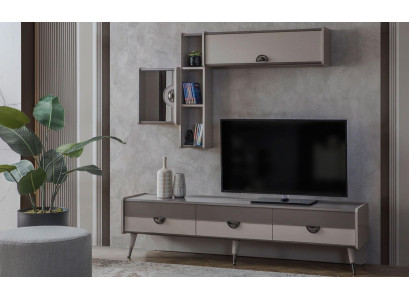 Mueble para la sala de estar en beige, resistente soporte de televisión, mueble bajo, estantes de lujo.