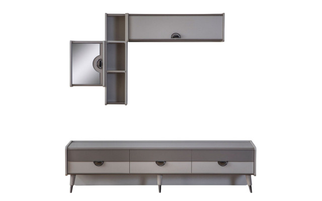 Mueble para la sala de estar en beige, resistente soporte de televisión, mueble bajo, estantes de lujo.