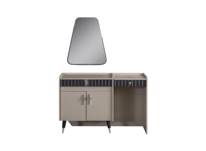 Mesa de maquillaje beige de madera, tocador de cosméticos, consola de diseñador, espejo de 2 piezas.