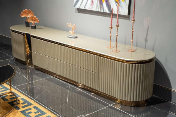 Mueble para TV beige de diseño de madera con mesa para sala de estar