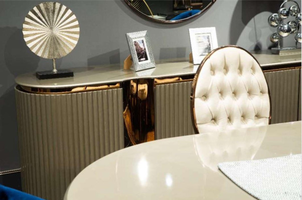 Conjunto de comedor de lujo, grupo de comedor, rincón de comedor, mesa de comedor, sillas, beige, conjunto de 9 piezas, madera.