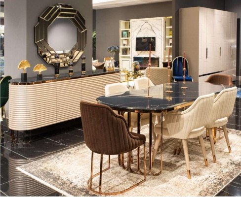 Grupo de comedor, esquina para comer, mesa de comedor, sillas, beige, conjunto de lujo de 9 piezas de comedor de madera.