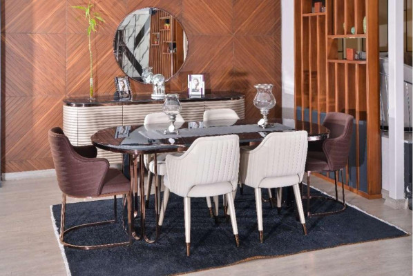 Comedor grupo de comedor Esquinero Mesa de comedor de lujo Sillas Beige Set de 9 piezas de madera