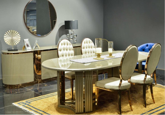 Rincón de la comida lujosa Conjunto de comedor beige de 7 piezas de madera con sillas.