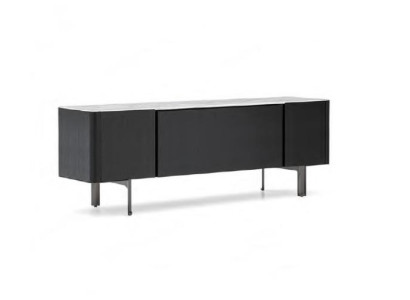 Mueble estilo moderno negro de diseño de lujo para el comedor con mesas y cómodas.