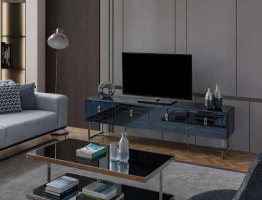 Mueble de TV gris exclusivo con armario de vidrio para salón de estar de 4 puertas