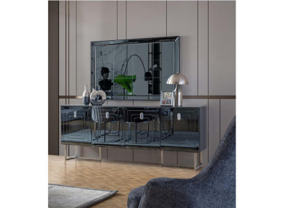 Muebles de comedor grises Espejo de vidrio diseñador Aparador de acero inoxidable de lujo Conjunto