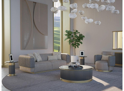 Sala de estar completa de 2 piezas, sofá de tres plazas, muebles tapizados, sillón, diseño moderno.