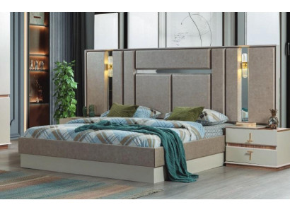 Muebles de dormitorio beige de lujo, camas de diseño, mesitas de noche.