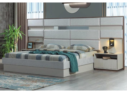 Muebles de dormitorio blancos, cama doble de diseñador de lujo, 2 mesitas de noche de madera.