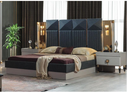 Muebles de dormitorio modernos diseñador Cama gris 2 mesitas de noche de madera 3 piezas