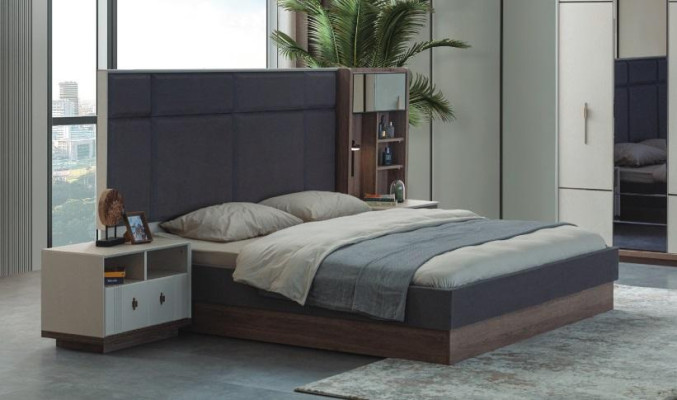 Dormitorio gris Conjunto de cama de diseñador Cama doble 2 mesitas de noche
