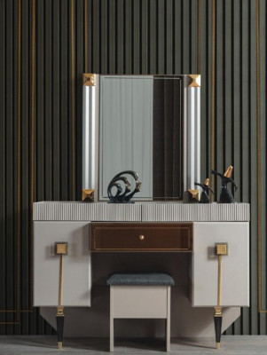 Muebles de dormitorio modernos de madera, tocador con taburete y espejo.