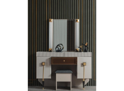 Muebles de dormitorio modernos de madera, tocador con taburete y espejo.