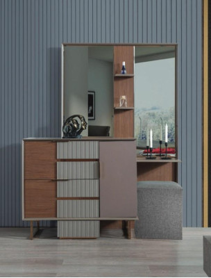 Conjunto de dormitorio moderno con tocador, espejo y taburete de 3 piezas.