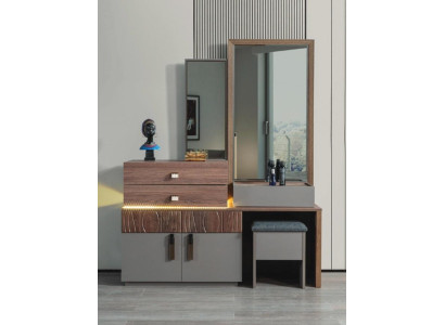 Muebles de dormitorio marrón-gris, cómoda de lujo con espejo, otomana tapizada.