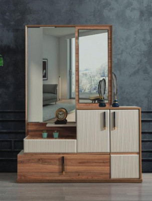 Cómoda blanca y marrón con espejo, conjunto de muebles de madera de diseñador para dormitorio.