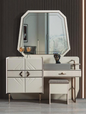 Blanco conjunto de dormitorio, muebles de lujo, tocador con taburete acolchado