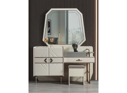 Blanco conjunto de dormitorio, muebles de lujo, tocador con taburete acolchado