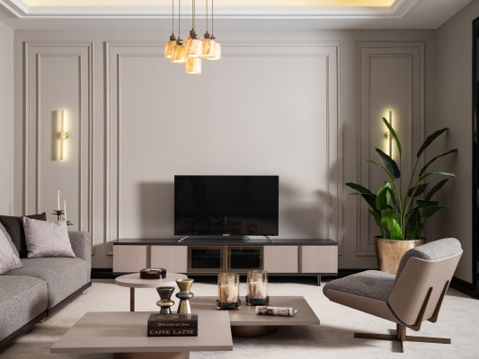 Set de salón: sillón, mueble auxiliar para TV, mesas de centro de madera, beige, 6 piezas.