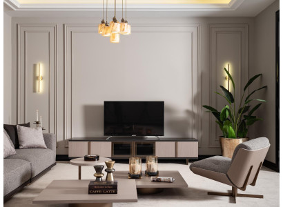 Set de salón: sillón, mueble auxiliar para TV, mesas de centro de madera, beige, 6 piezas.