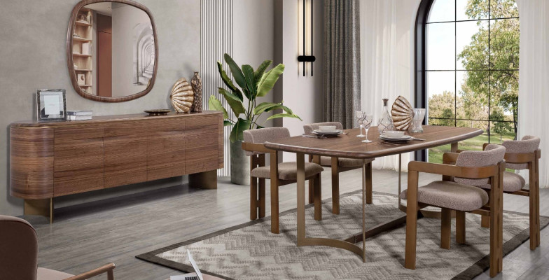Mesa de comedor Juego de comedor 4 sillas Cómoda Espejo Moderno Conjunto Marrón Grupo de comedor