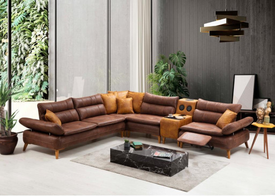 Sofá de esquina de lujo Sofá de cuero Sala de estar Muebles de oficina Material Muebles de madera Nuevo