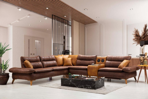 Sofá de esquina de lujo Sofá de cuero Sala de estar Muebles de oficina Material Muebles de madera Nuevo