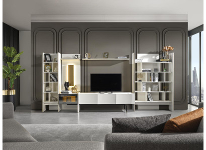 Conjunto de pared para la televisión, soporte de TV, mueble bajo, aparador, estanterías de madera blanca.