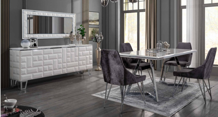 Juego de comedor Mesa de comedor 4 sillas Cómoda con espejo Juego moderno Gris