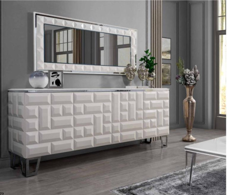 Juego de comedor Mesa de comedor 4 sillas Cómoda con espejo Juego moderno Gris