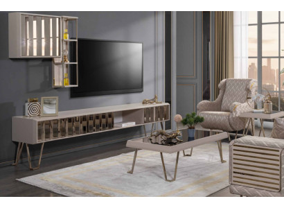 Soporte para TV estante de pared para TV mesa de centro beige metálica moderna conjunto de sala de estar de 3 piezas.