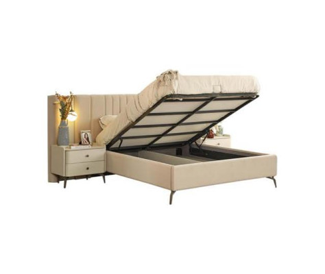 Cama de lujo para dormitorio y 2 mesitas de noche en juego de 3 piezas. Diseño de mobiliario.