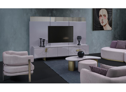 Mueble para televisión RTV de estilo moderno en madera rosa para la sala de estar.