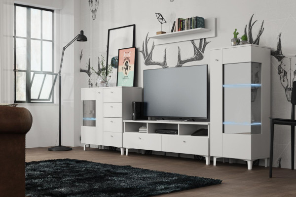 Conjunto de sala de estar: vitrina, cómoda, estante de pared, paredes de sala, muebles de sala, diseño de aparador de 4 piezas.