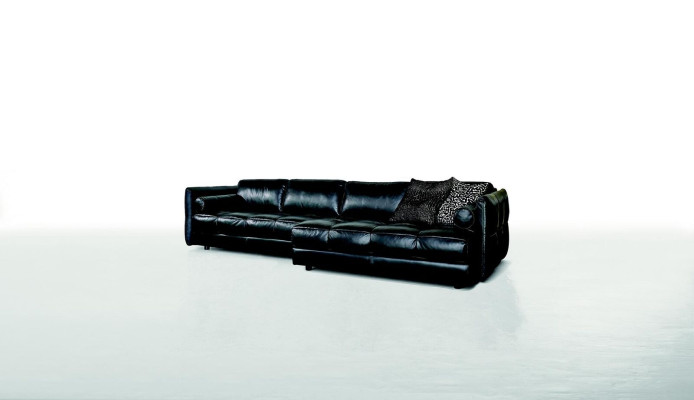 Sofá moderno de lujo, sofá esquinero, muebles tapizados, sala de estar en forma de L negro de diseño de cuero.
