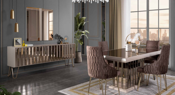 Conjunto de comedor de diseñador Braun, mesa de comedor con 4 sillas, 7 piezas, nuevo.