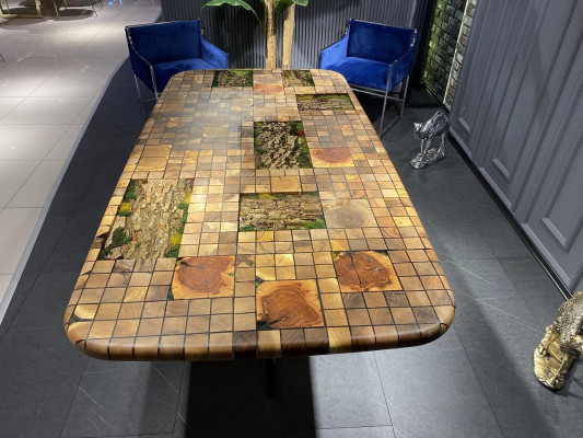 Mesa de comedor Resina epoxi Mesa de comedor Mosaico Mesa 90 cm Madera Marrón Nuevo