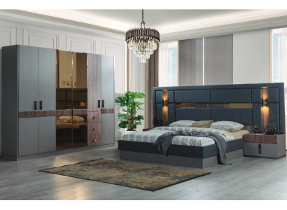 Dormitorio gris conjunto completo cama 2 mesitas de noche armario