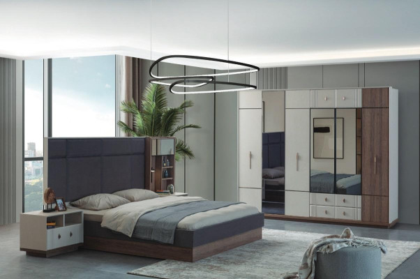 Muebles de dormitorio modernos Cama doble de lujo 2 mesitas de noche Armario