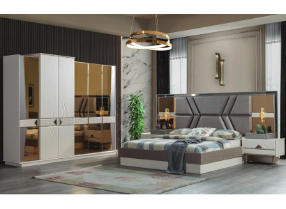 Elegante juego de dormitorio gris con 2 mesitas de noche y armario.