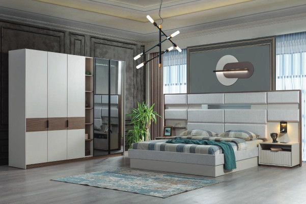 Juego de dormitorio blanco con cama doble, mesitas de noche, armario 4 piezas nuevo.