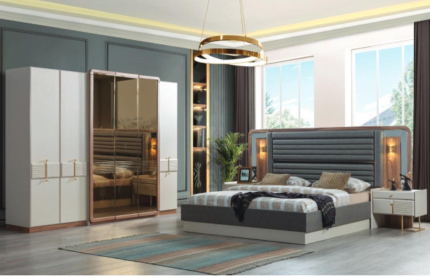 Conjunto de dormitorio de lujo completo Cama 2 mesitas de noche Muebles modernos de 4 piezas